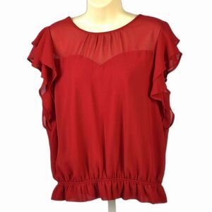 Monteau Red Chiffon Blouse Peekaboo Sweetheart Flutter Sleeve Size L